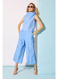 Techno Poplin Blue Iris Funnel Neck Top