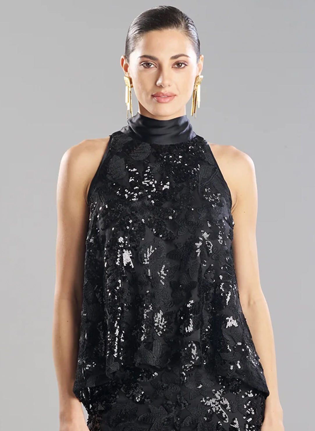 Floral Sequin Lace Black Halter Scarf Top