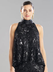 Floral Sequin Lace Black Halter Scarf Top