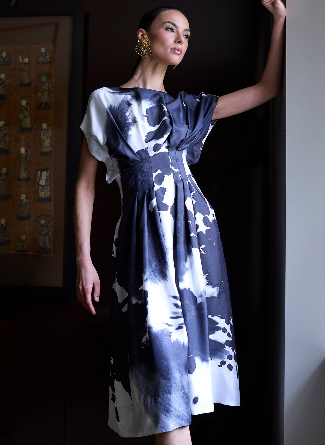 Black Orchid Black/White 100% Fit & Flare Pleated Dress
