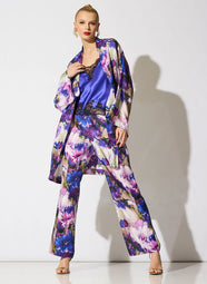 Autumn Floral Silk Twill Purple Pull on Straight Leg Pant