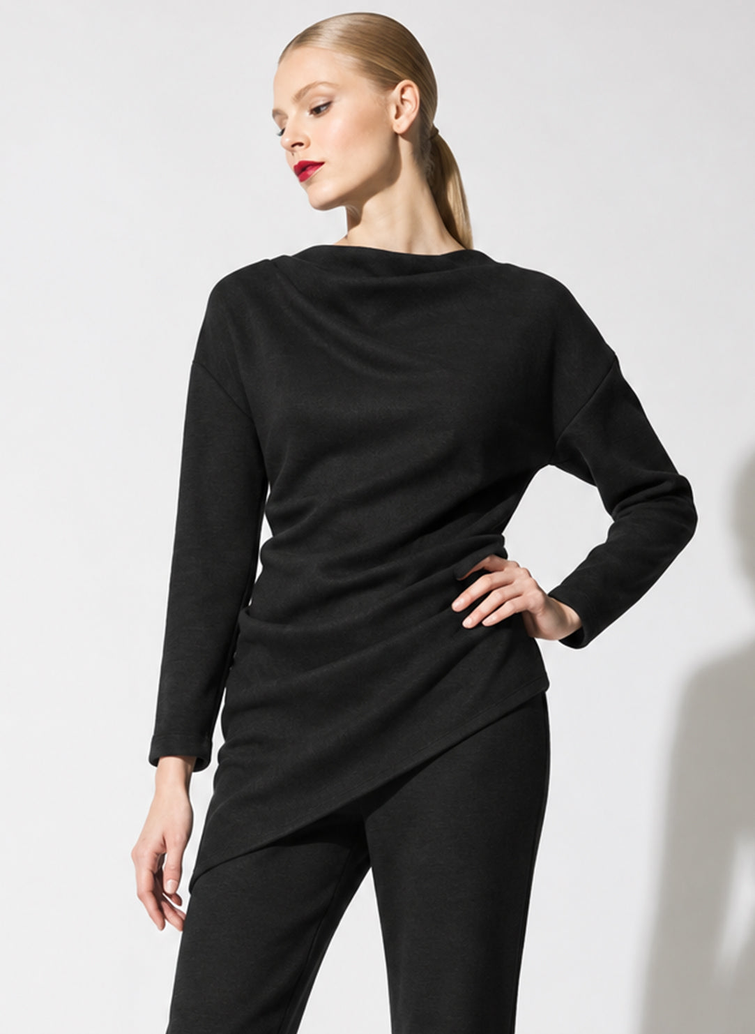 Double Knit Black Long Sleeve Draped Top