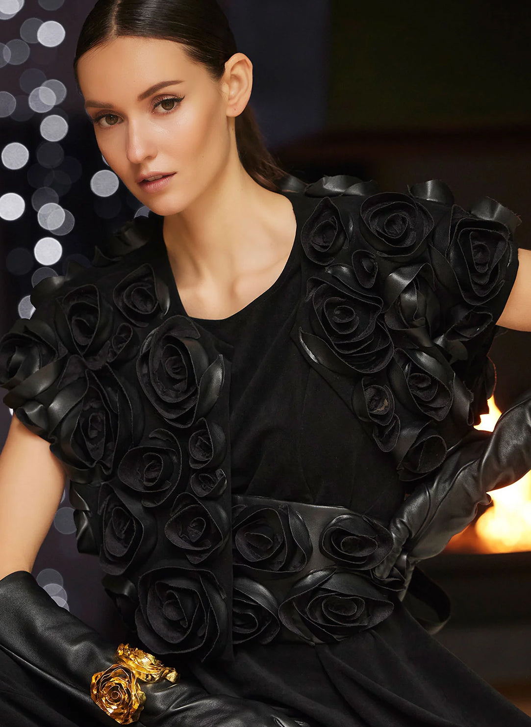 Vegan Luxe Suede Black Vest with 3D Floral Embroidery