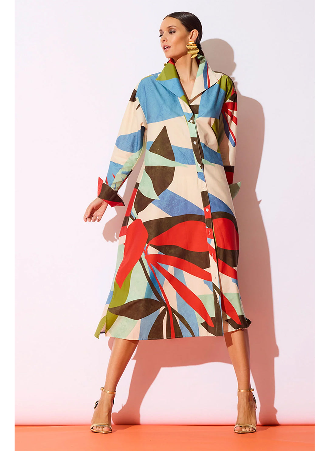 Abstract Palm Cotton Poplin Multi Button Down Shirt Dress