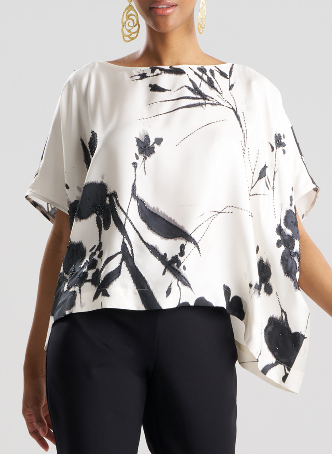 Nara Silk Twill Black/White Caftan Top with Beading