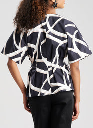 Spiral Cotton Taffeta Black/White Short Sleeve Pleat Release Button Down Shirt