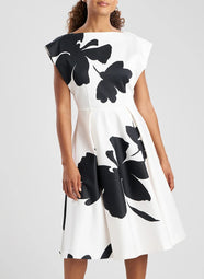 Peony Cotton Chino White/Black Fit and Flare Dress