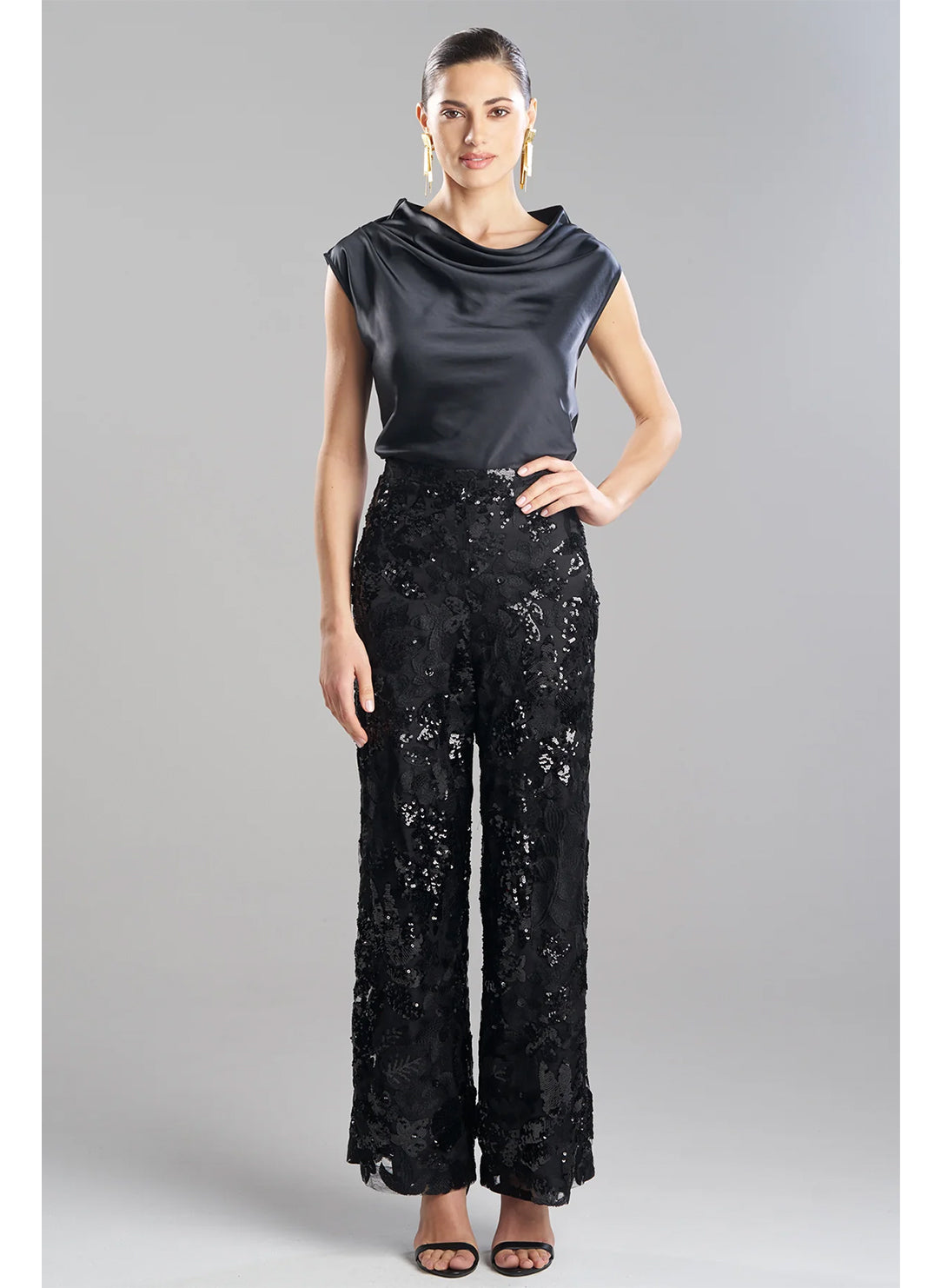 Floral Sequin Lace Black Side Zip Wide Leg Pant