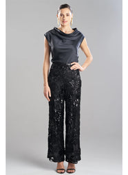 Floral Sequin Lace Black Side Zip Wide Leg Pant
