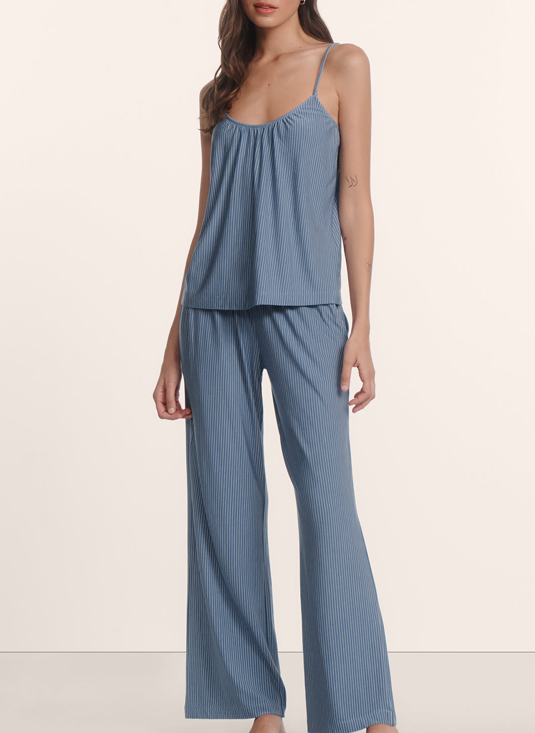 Gisele Printed Duo Stripe Slate Blue Cami Pant PJ Set
