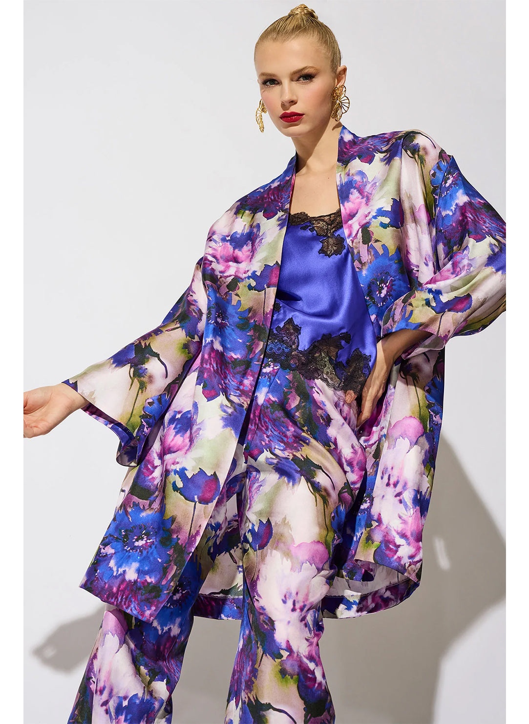 Autumn Floral Silk Twill Purple Pull on Straight Leg Pant
