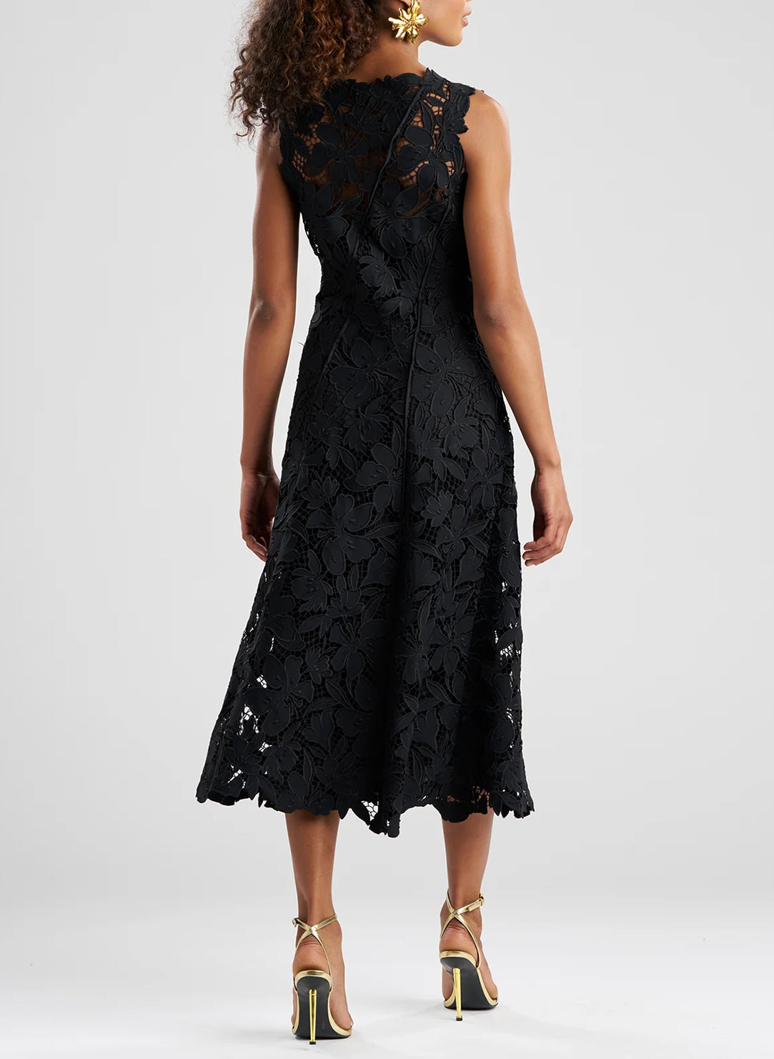 Peony Floral Lace Black Asymmetric Seam Dress
