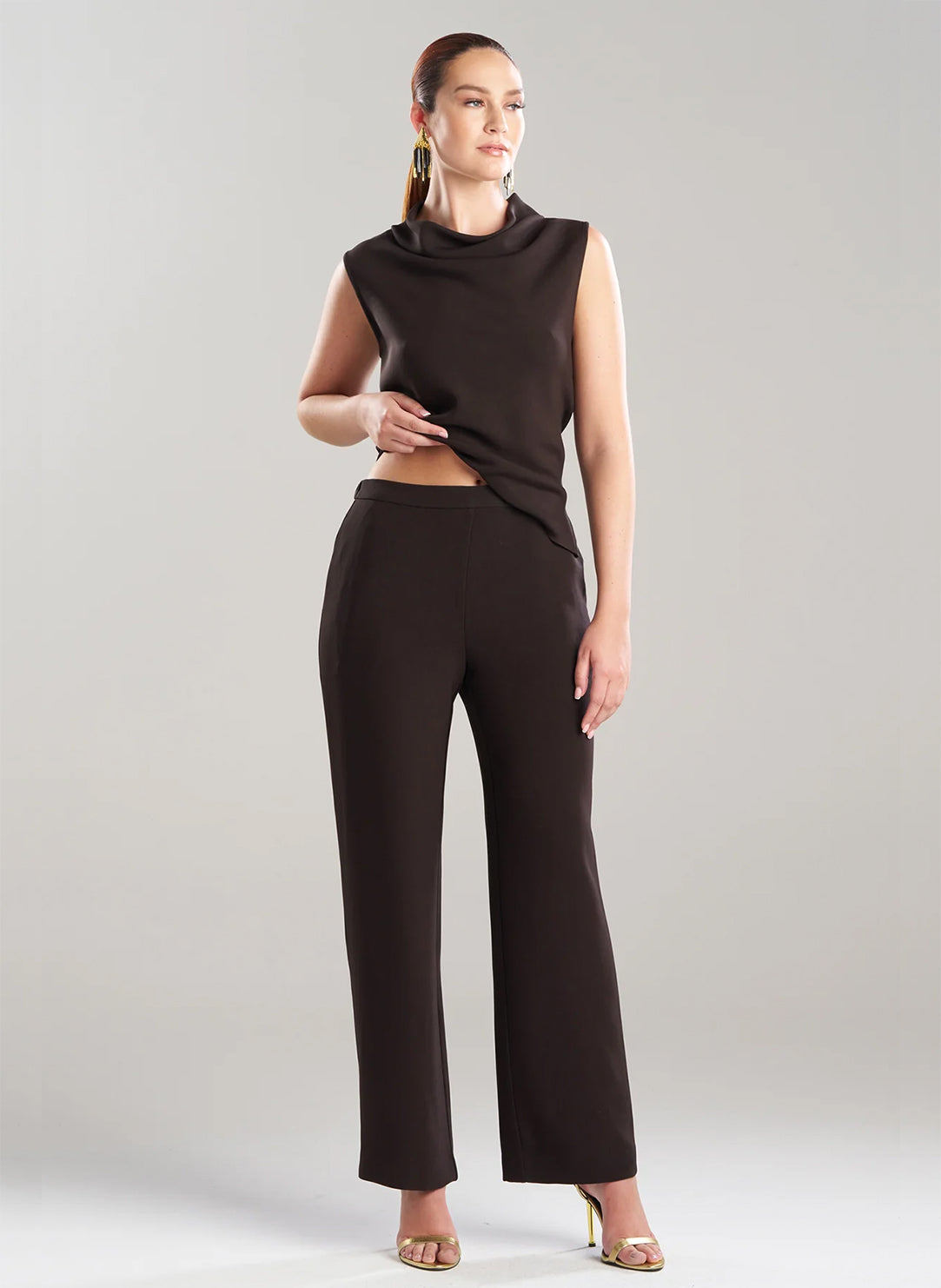 Stretch Crepe Dark Chestnut Pull on Straight Leg Pant