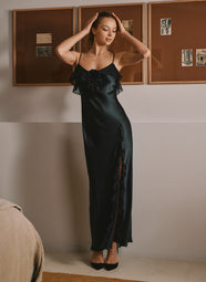 Daniella Mousseline Noir Gown with Rose Embellishment