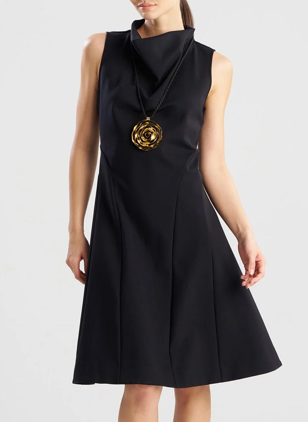 Techno Crepe Black Fit n Flare Funnel Neck Dress