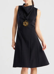 Techno Crepe Black Fit n Flare Funnel Neck Dress