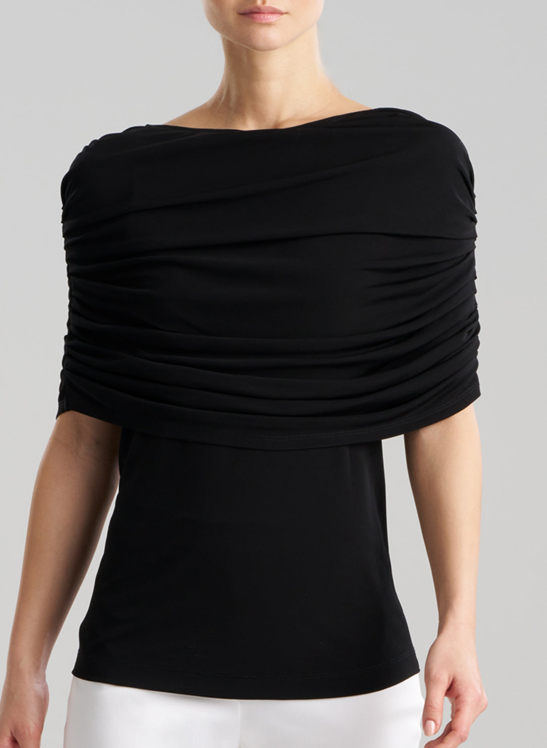 Matte Jersey Black Rouched Shoulder Top