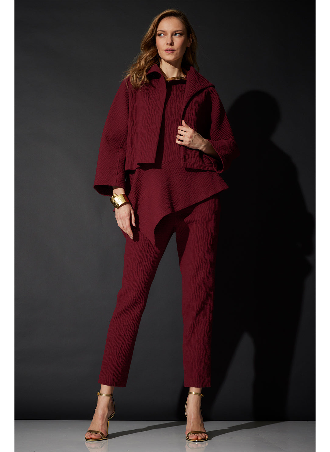 Textured Cotton Jacquard Ruby Stand Collar Jacket
