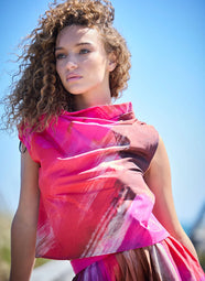 Brushstroke Magenta Cotton Taffeta Asymmetric Funnel Neck Top