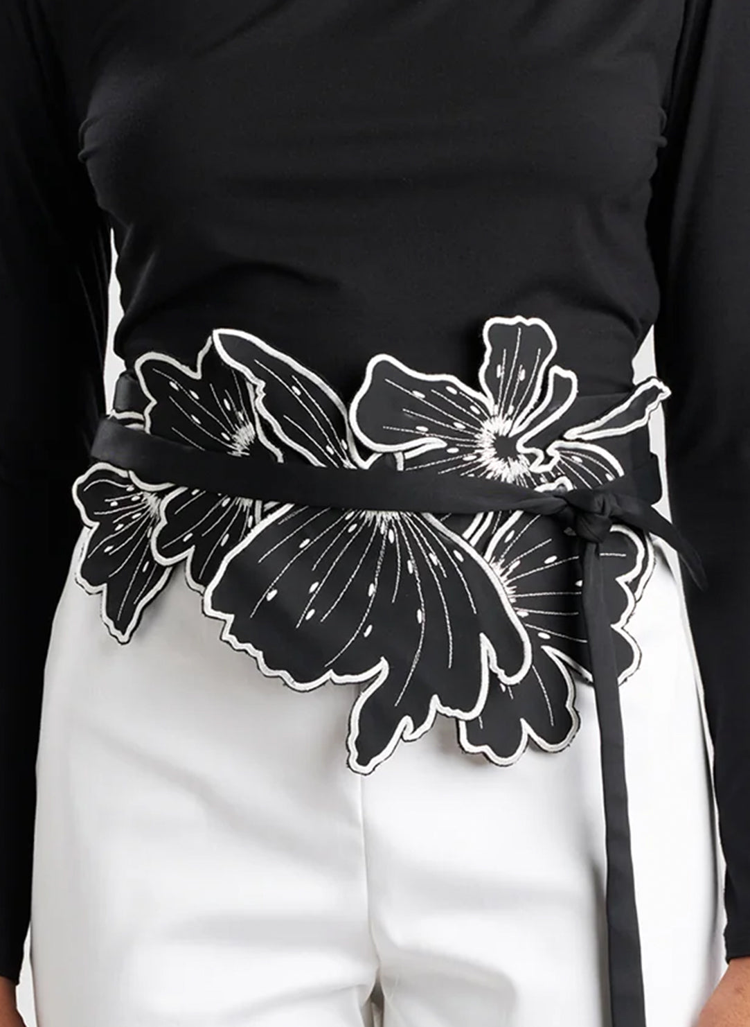 Cotton Chino Black Embroidered Obi Belt