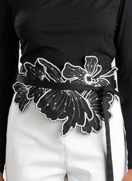 Cotton Chino Black Embroidered Obi Belt