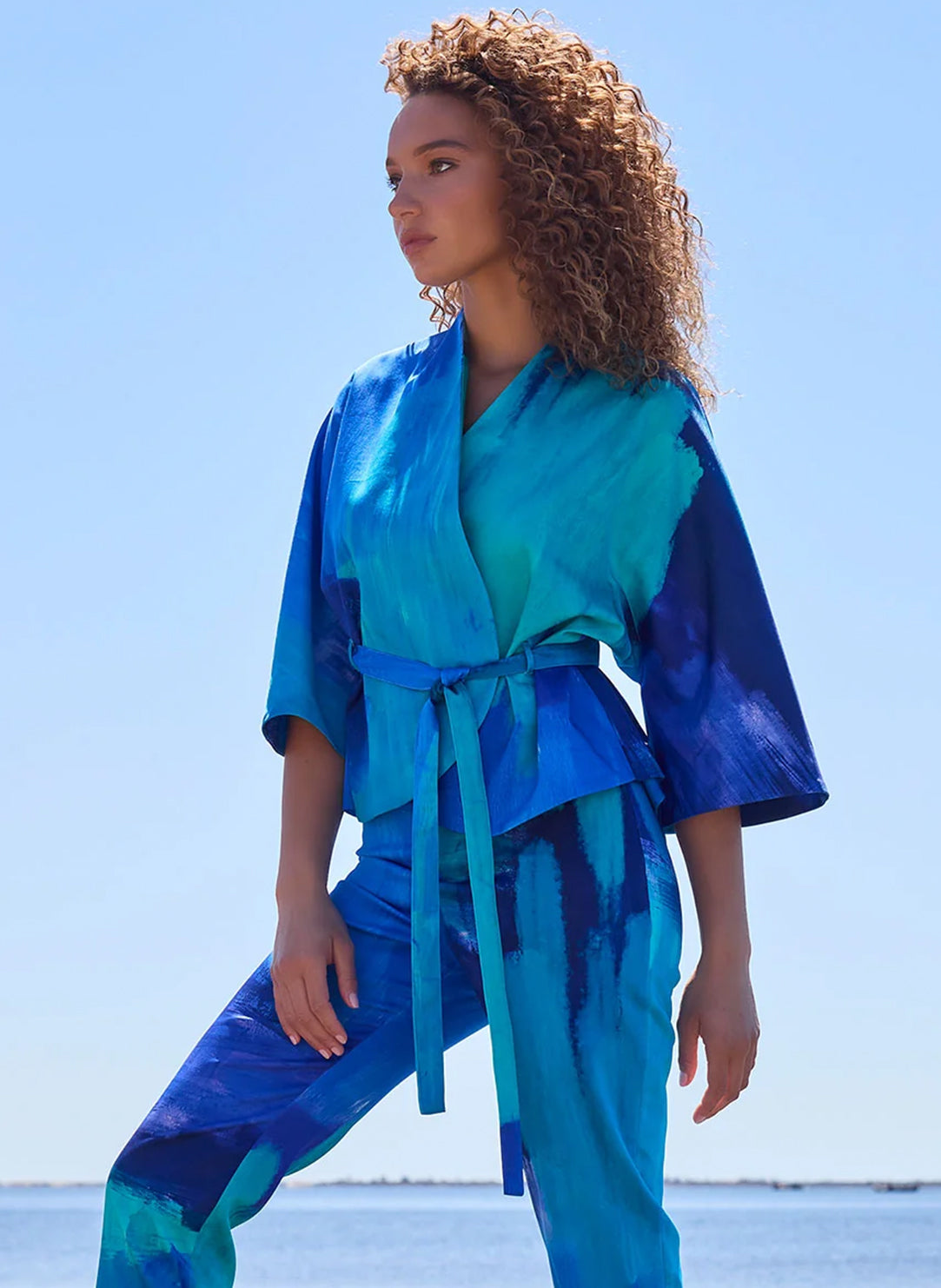 Brushstroke Blue Cotton Chino Belted Kimono Jacket