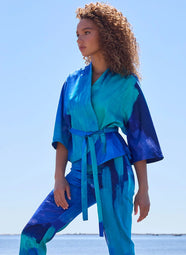 Brushstroke Blue Cotton Chino Belted Kimono Jacket