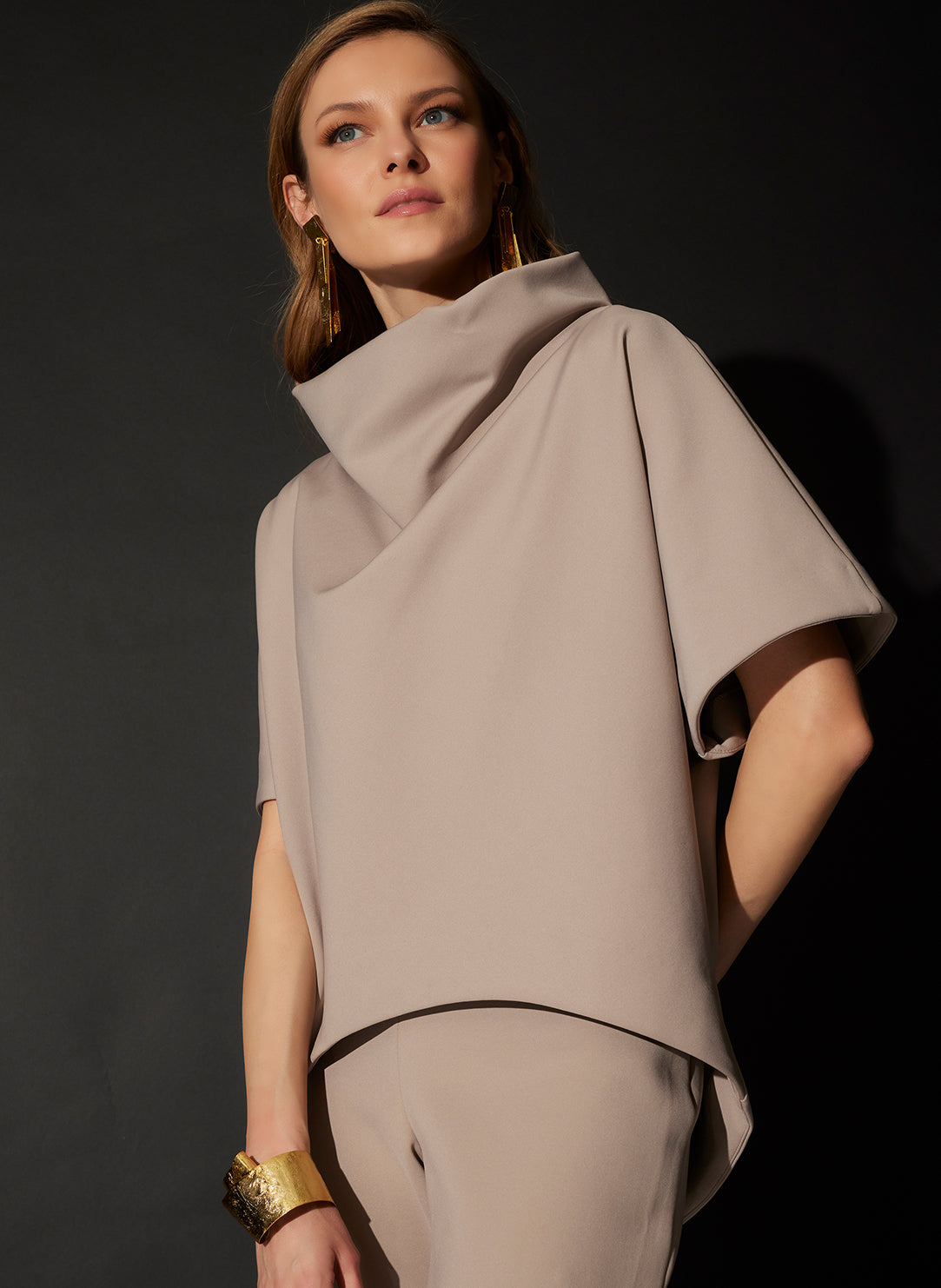 Techno Crepe Taupe Funnel Neck High Low Top