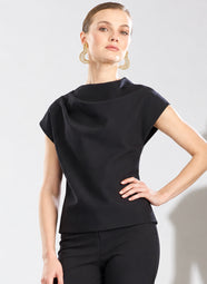 Techno Crepe Black Drape Neck Fitted Cap Sleeve Top