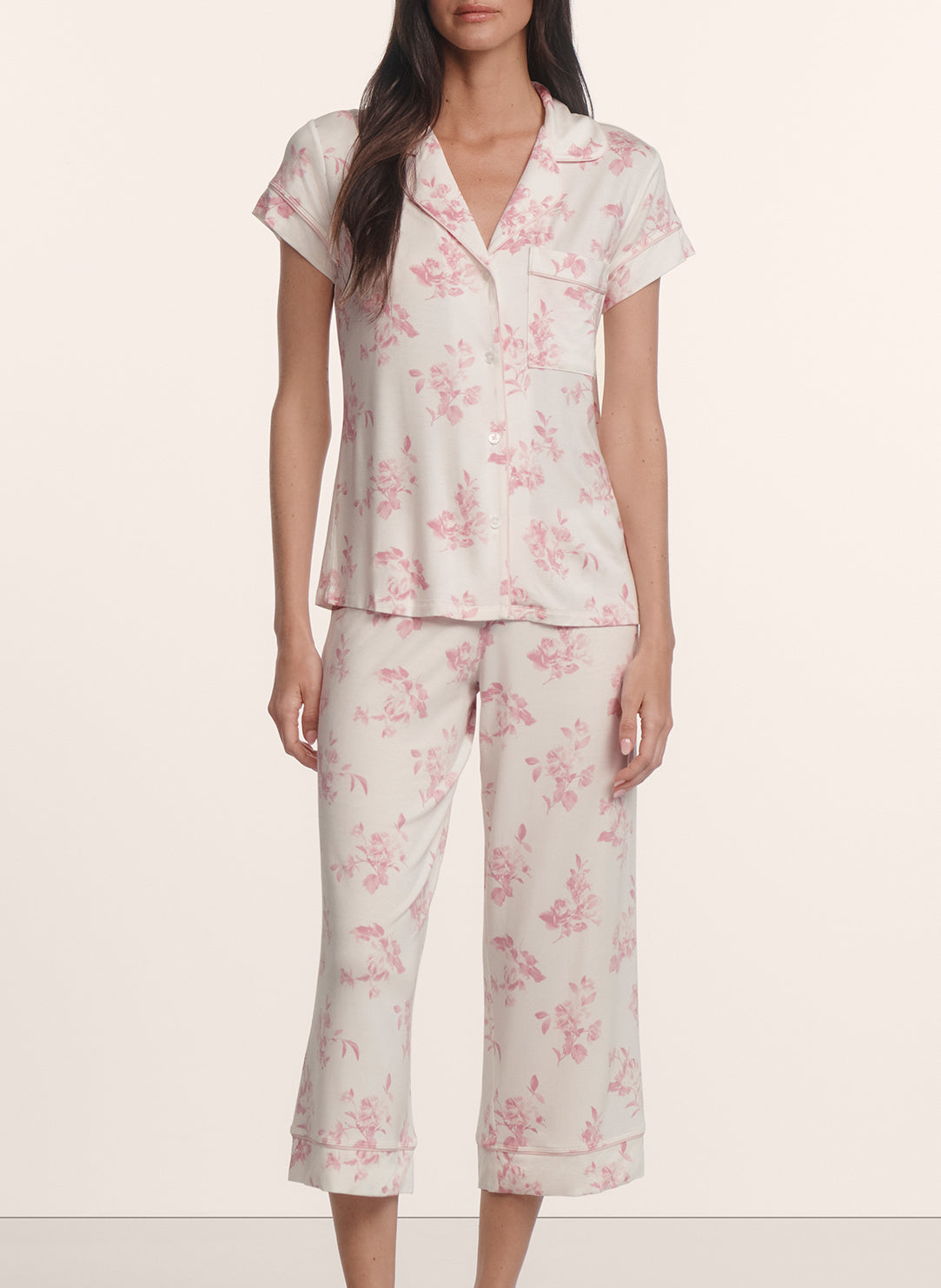 Gisele Printed Rose Garden Cameo Pink SS Cropped PJ Set