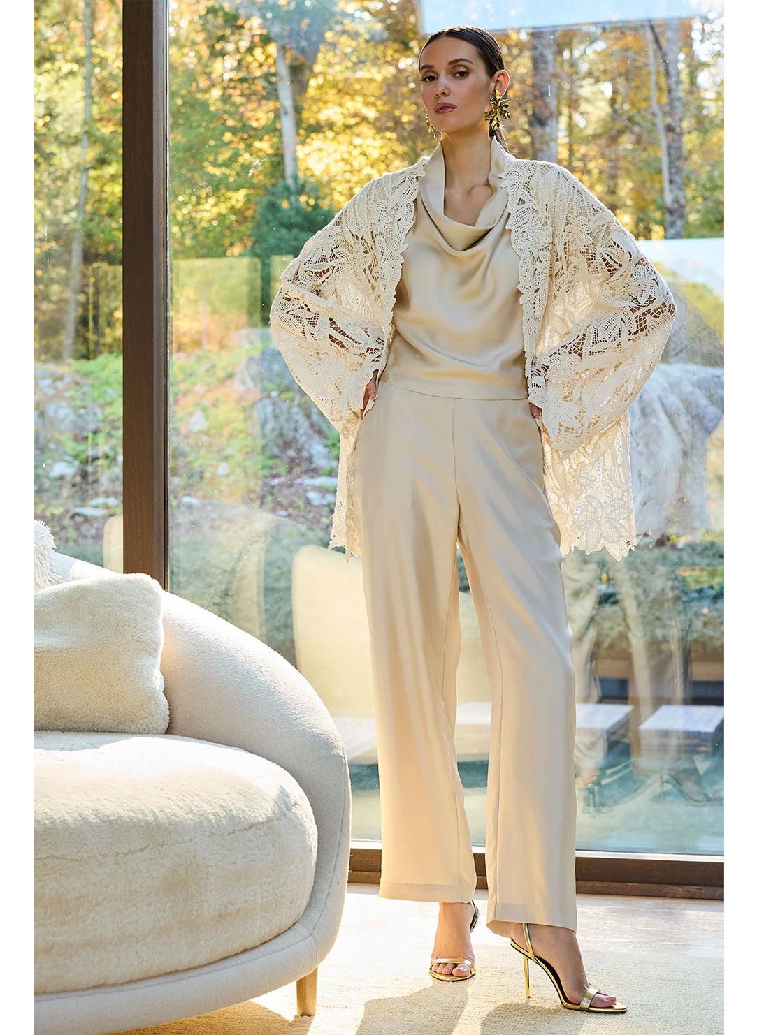 Solid Silk Twill Bone Pull On Straight Leg Pant