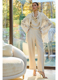 Solid Silk Twill Bone Pull On Straight Leg Pant