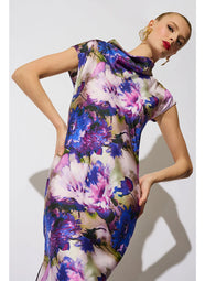 Autumn Floral Silk Twill Purple Drape Neck Cap Sleeve Sheath Dress