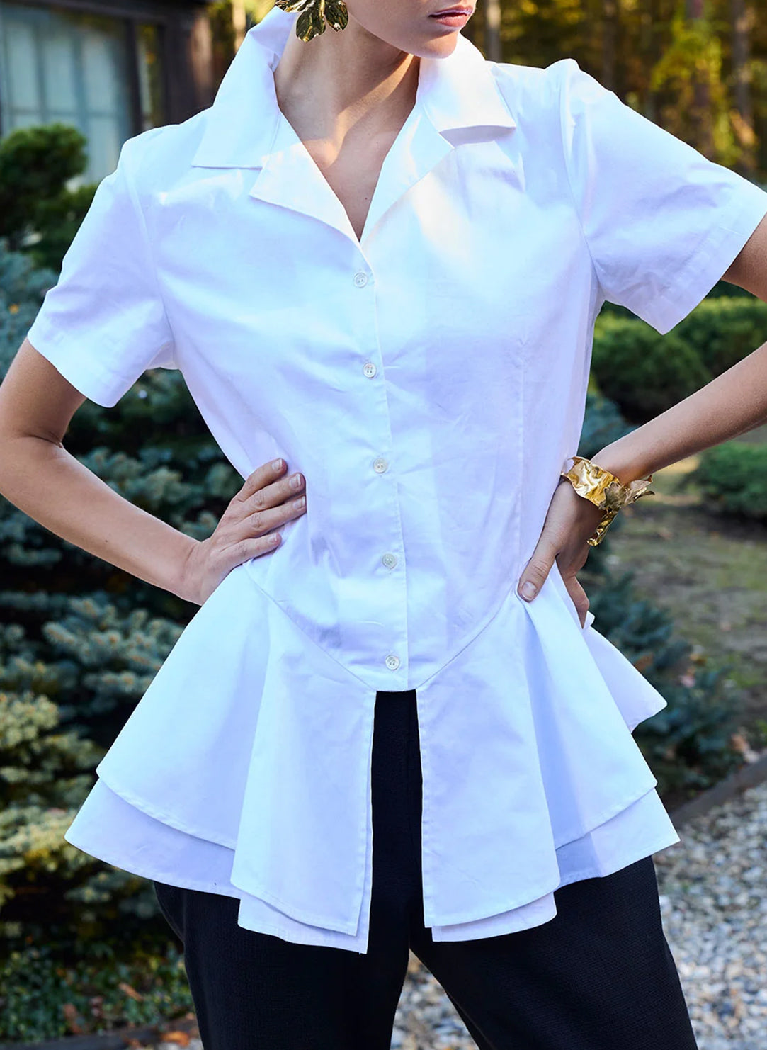 Solid Techno Poplin White Tiered Hem Short Sleeve Shirt