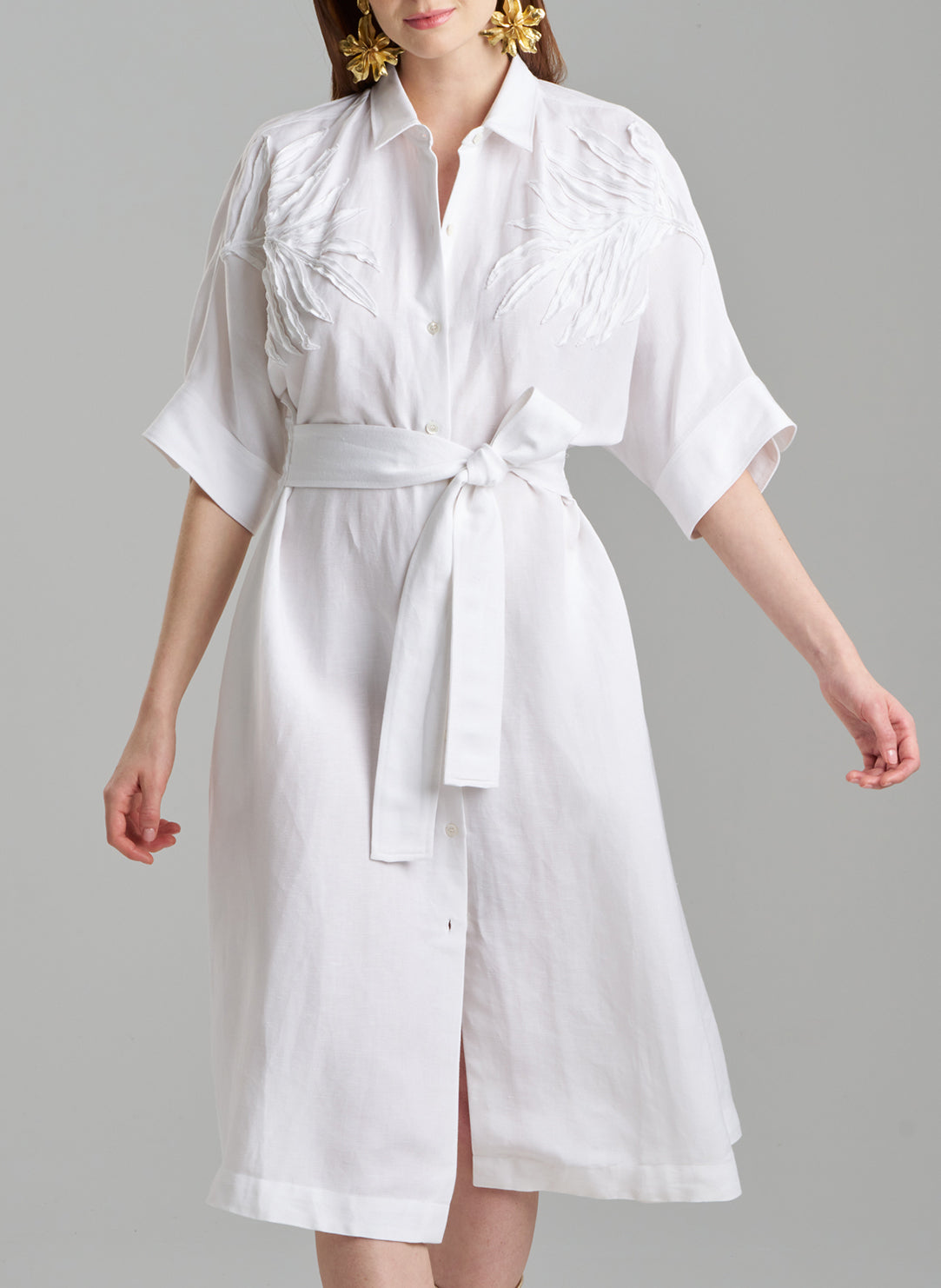 Light Weight Linen White Kimona Wrap Dress with Embroidery