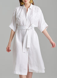 Light Weight Linen White Kimona Wrap Dress with Embroidery