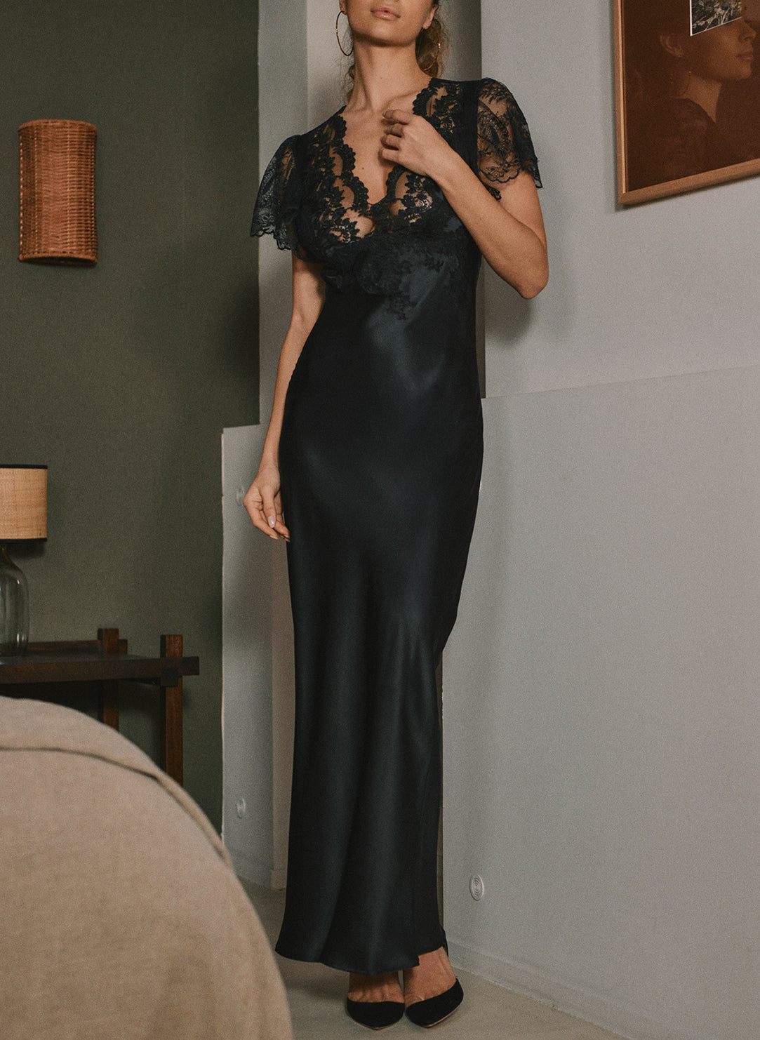 Daniella Satin Noir Cap Sleeve Gown