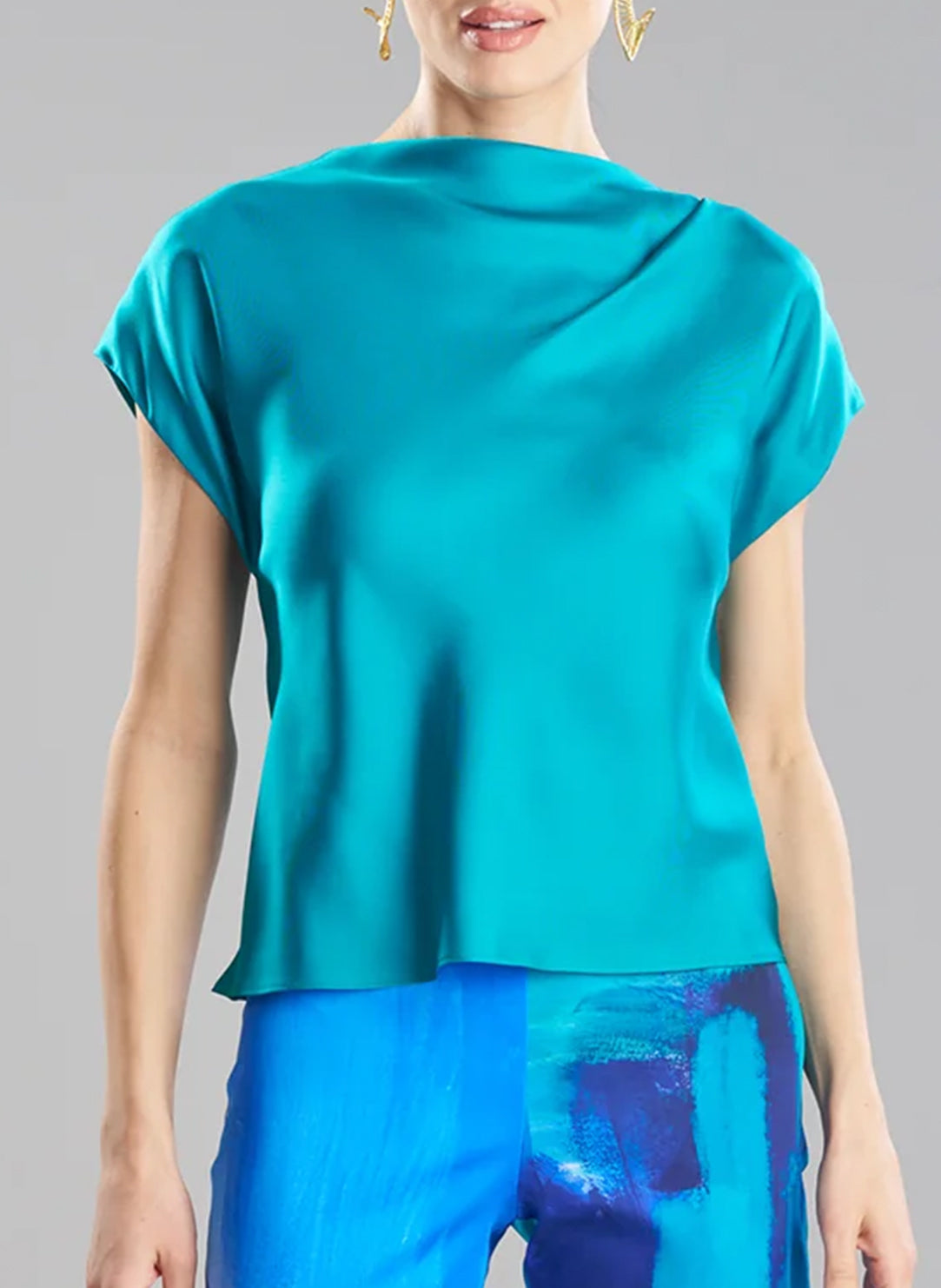 Silk Twill Turquoise Drape Neck Cap Sleeve Top