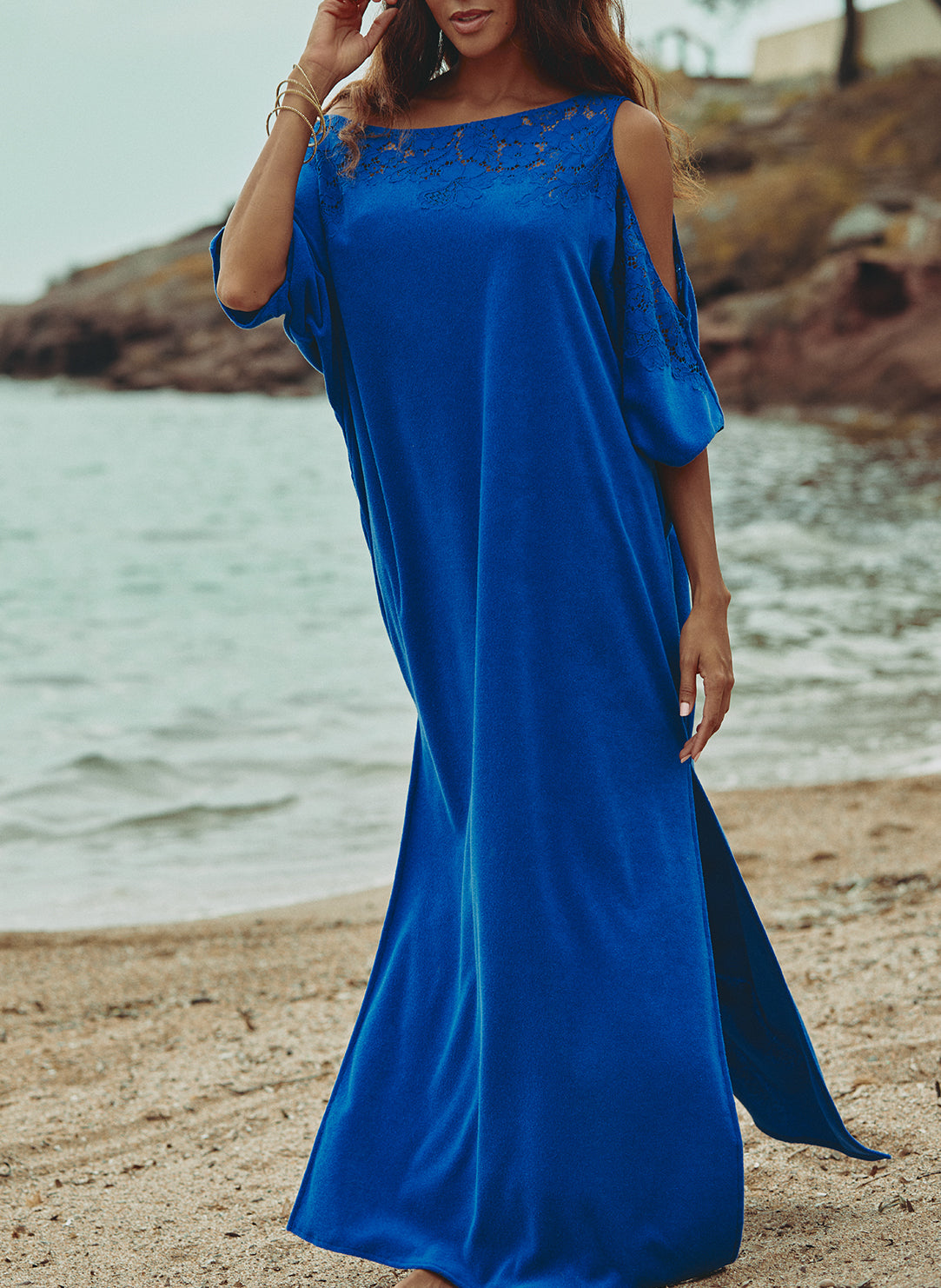Celeste Eponge Bleu Terry Off Shoulder Maxi Dress