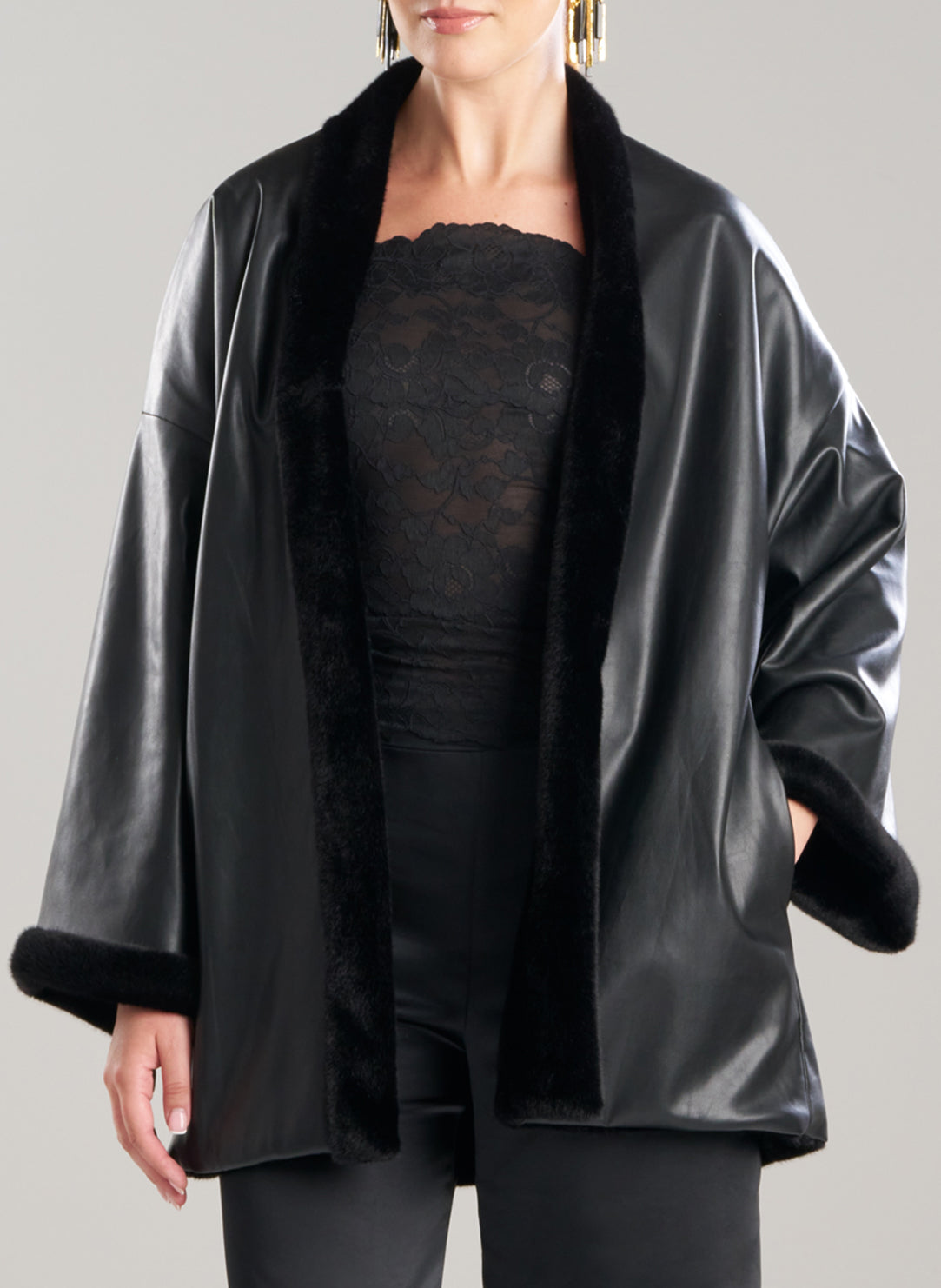 Vegan Luxe Lambskin Black Fur Lined Kimono Topper