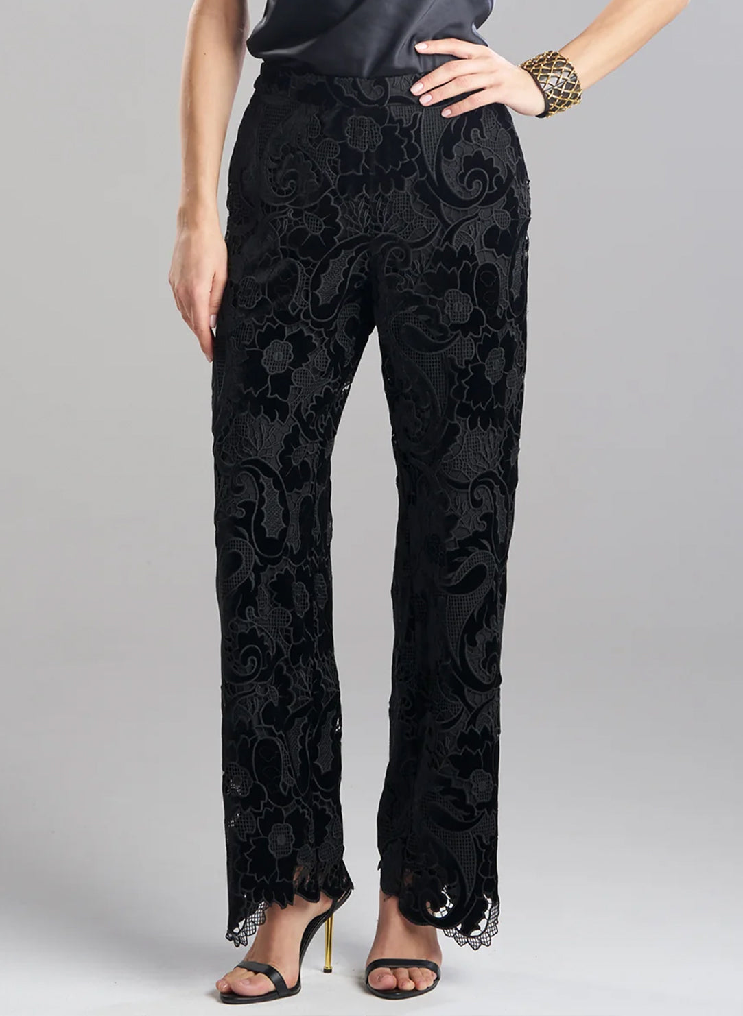 Shirin Velvet Lace Black Pull on Straight Leg Pant