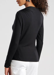 Feather Lightweight Knit Black Ruched Long Sleeve Top