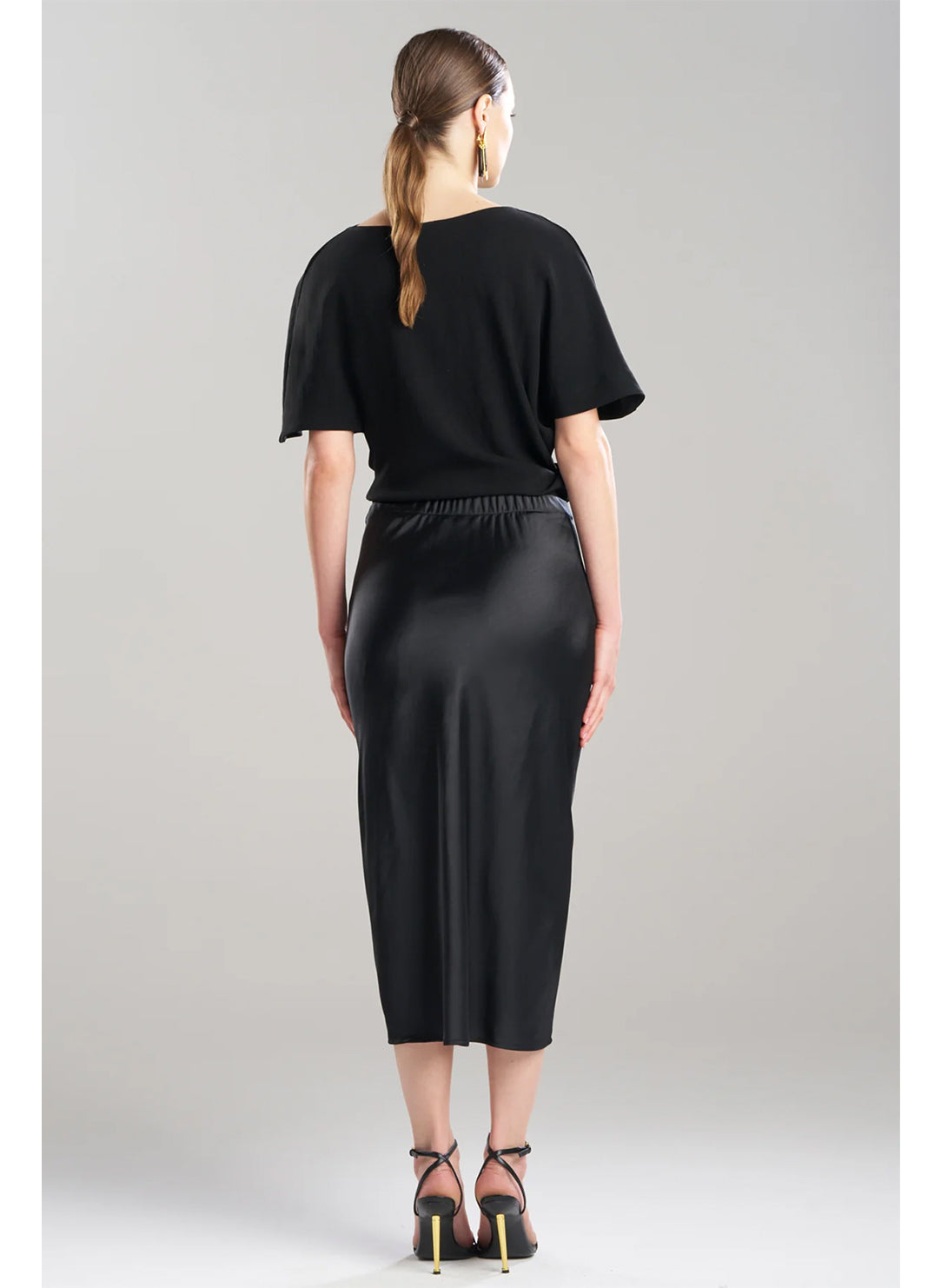 Luxe Satin Black Pull on Midi Skirt