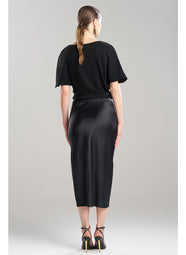 Luxe Satin Black Pull on Midi Skirt