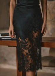 Doria Noir Silk Skirt with Lace