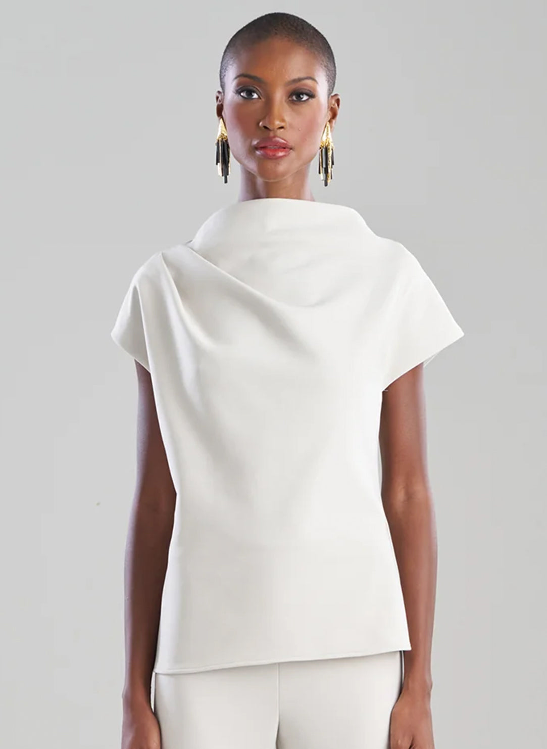 Techno Crepe Pearl Drape Neck Fitted Cap Sleeve Top