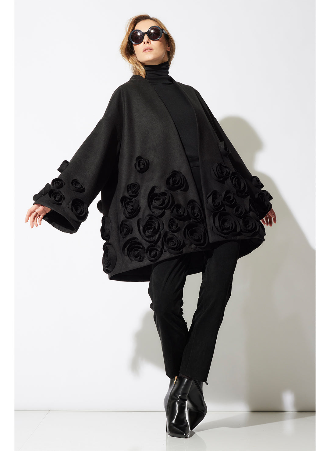 Felt Black Short Trapeze Coat with 3D Floral Embroidery