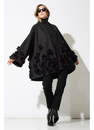Felt Black Short Trapeze Coat with 3D Floral Embroidery