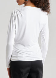 Feather Lightweight Knit White Ruched Long Sleeve Top