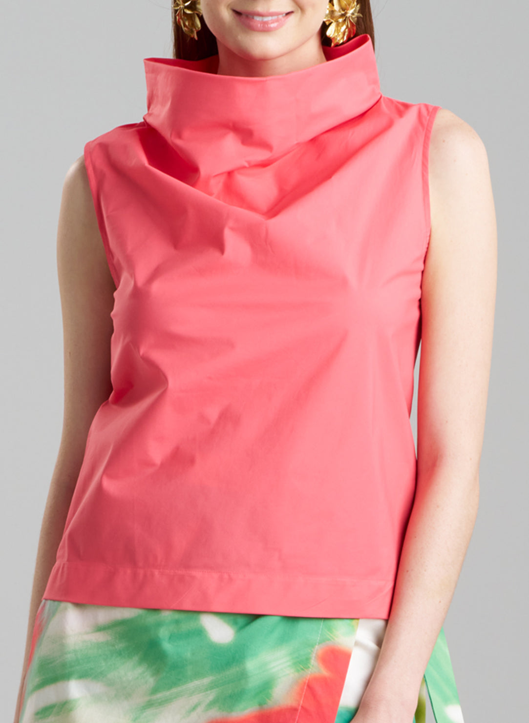 Techno Poplin Coral Funnel Neck Top